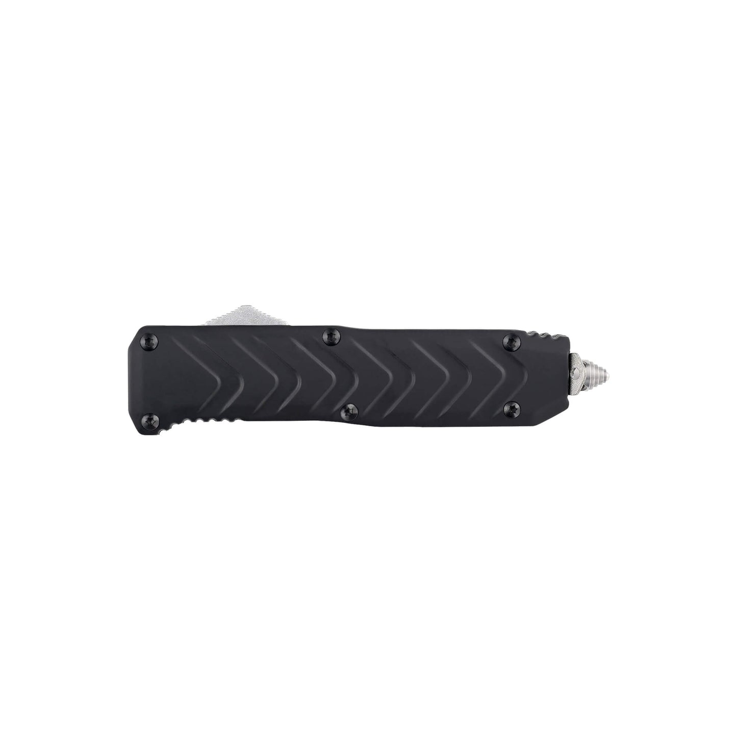 Black mini OTF automatic knife Tint from Mavik Gear with 440C serrated spear point blade and Zinc Aluminum textured handle.