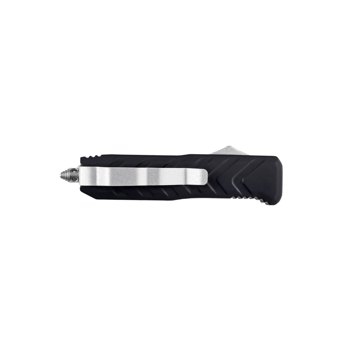 Black mini OTF automatic knife Tint from Mavik Gear with 440C serrated spear point blade and Zinc Aluminum textured handle.