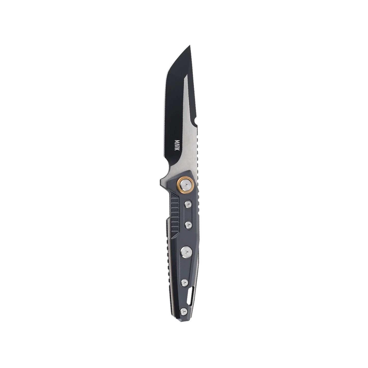 Fixed-blade hunting knife Slither from Mavik Gear with D2 drop point blade, aluminum alloy handle, and lanyard hole.