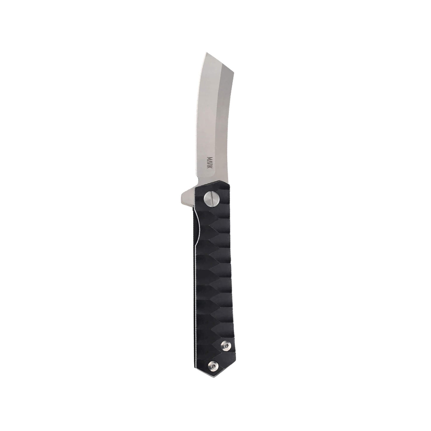 Grand folding knife with sharp D2 steel sheepsfoot blade and black textured Aluminum Alloy handle for secure grip.