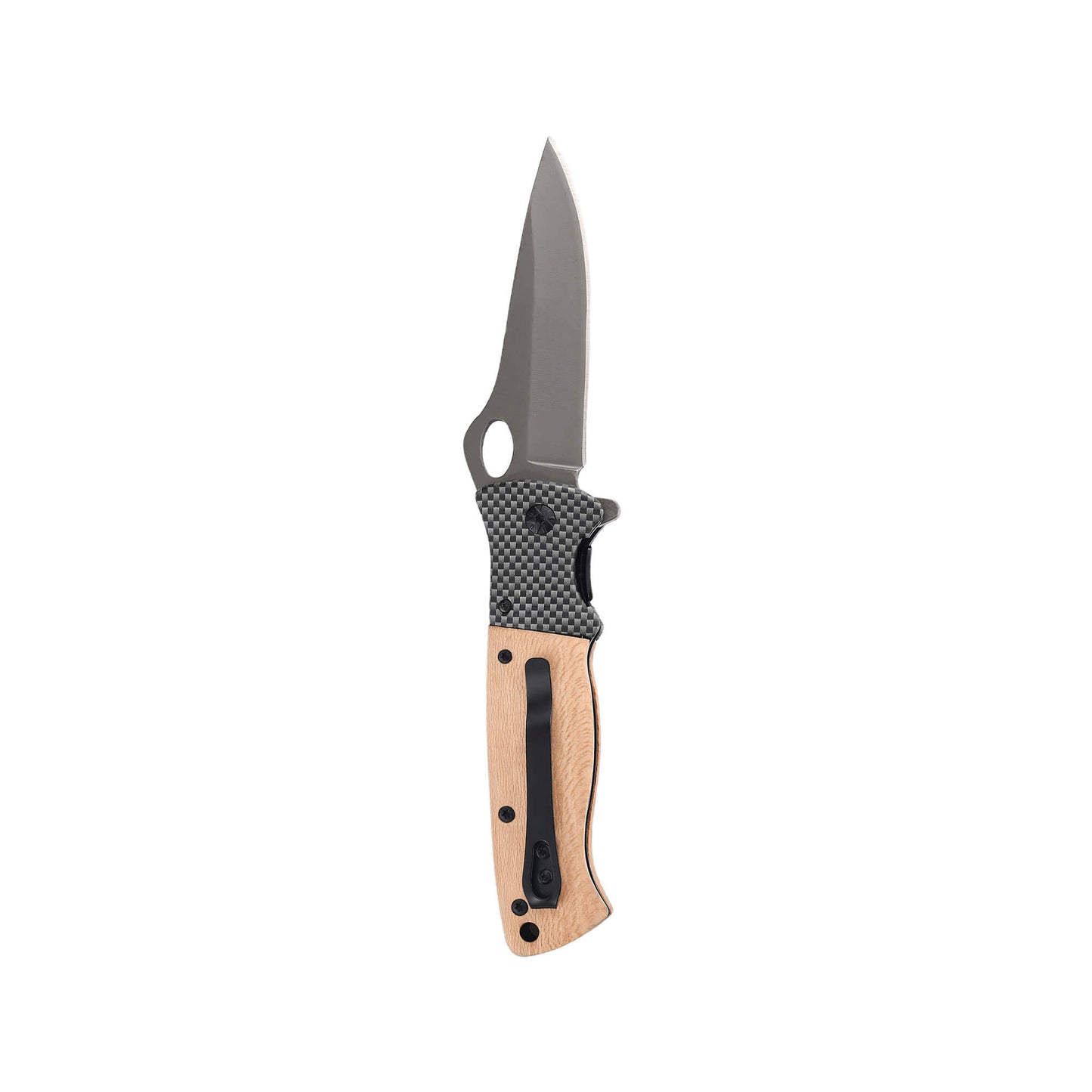 Folding knife Slacker from Mavik Gear with 440C gray steel drop point blade, wood handle, lanyard hole and hip clip.
