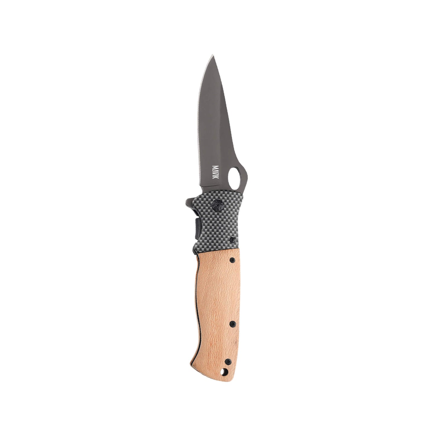 Folding knife Slacker from Mavik Gear with 440C gray steel drop point blade, wood handle, lanyard hole and hip clip.