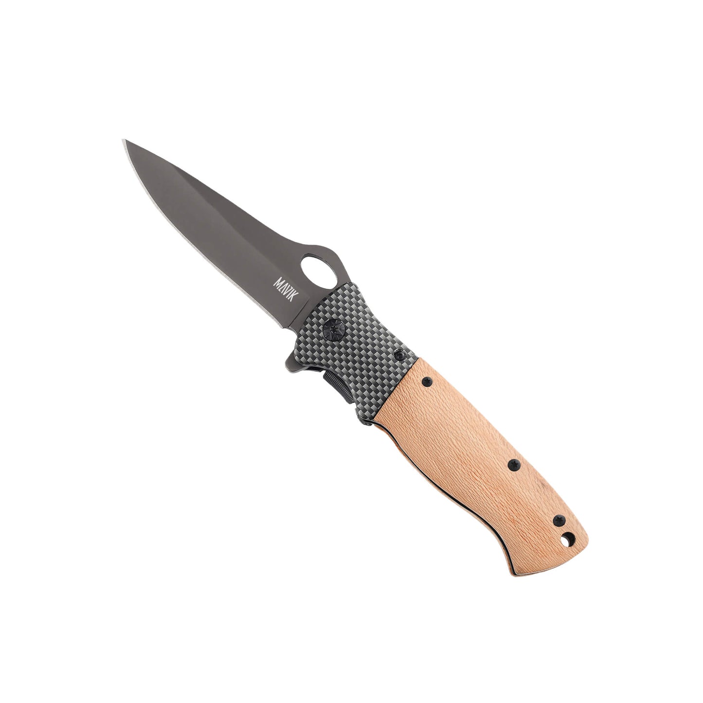 Folding knife Slacker from Mavik Gear with 440C gray steel drop point blade, wood handle, lanyard hole and hip clip.