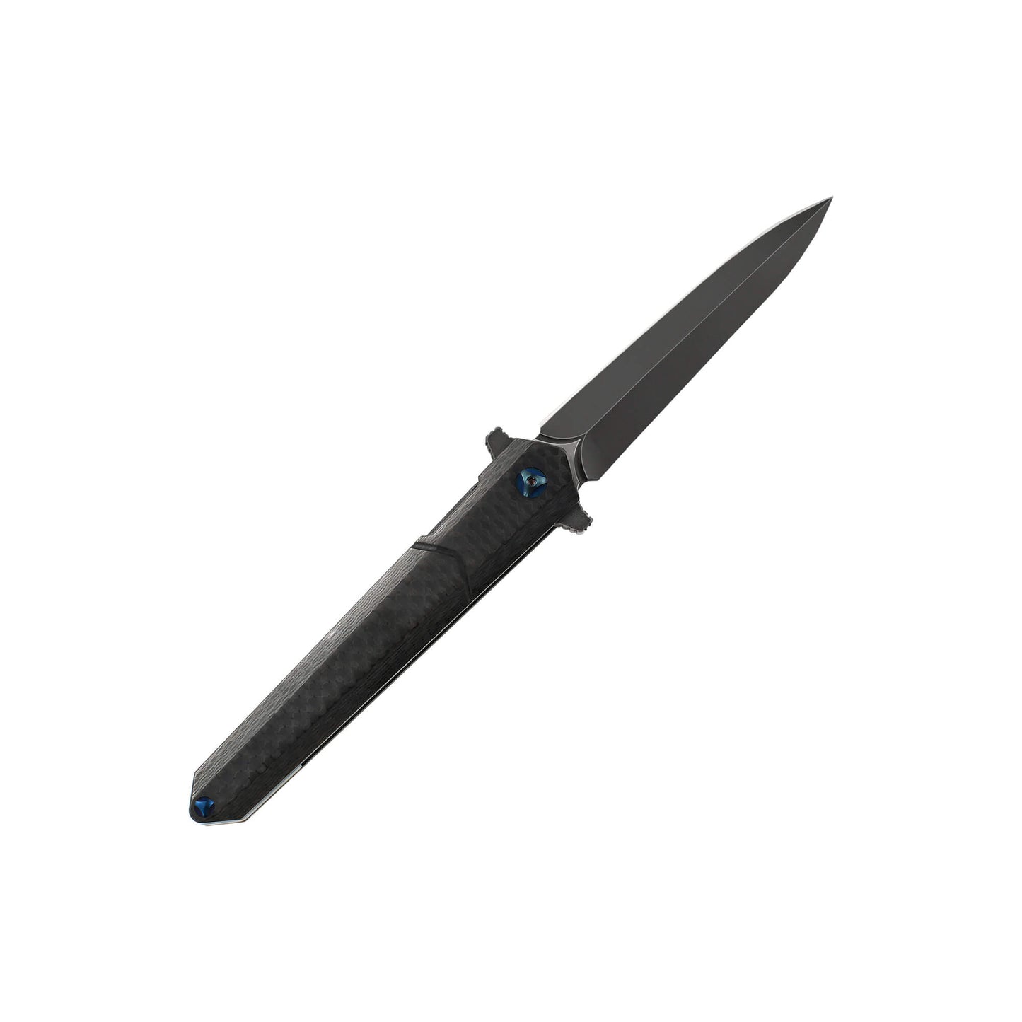 Black folding knife Trom from Mavik Gear with spear point D2 steel blade, Carbon Fiber handle, and hip clip. 