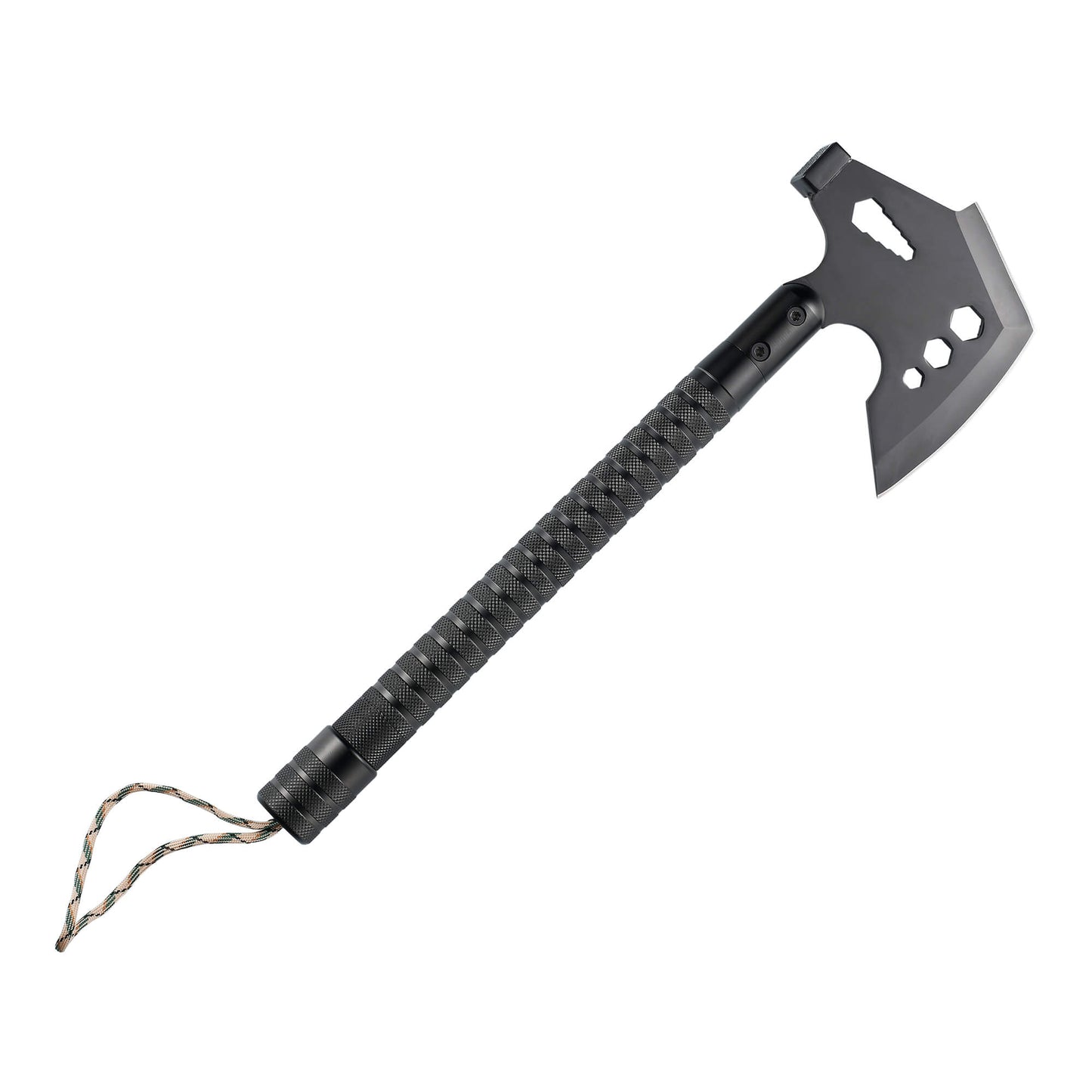Tactical GRID-AX camping tool with Axe Knife, Wood Saw, Bottle Opener, Whistle, Flint Stone, Glass Breaker, Compass, Rope.