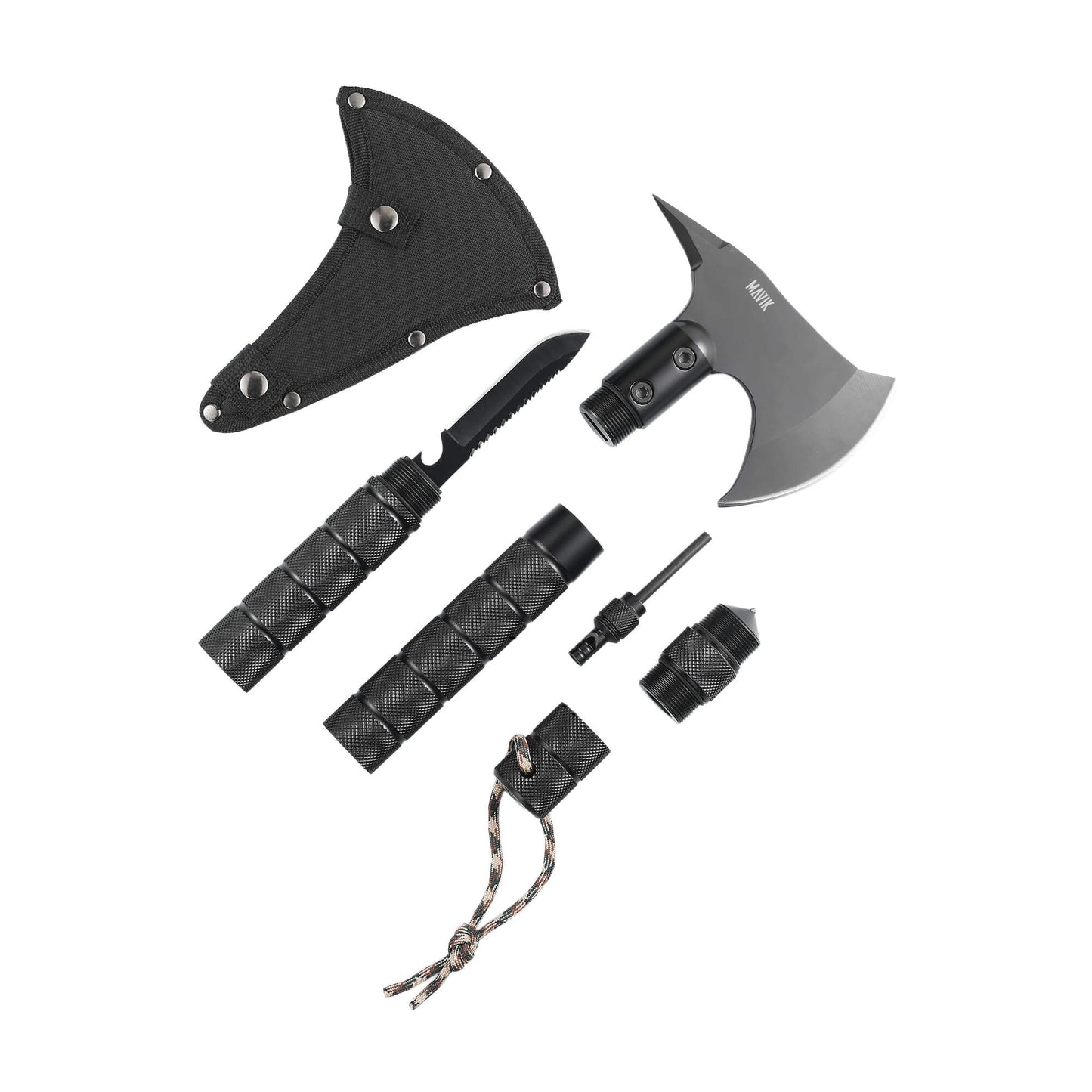 Black tactical Raw-Ax camping multi-tool from Mavik Gear with anti-slip handle, Wood Saw, Bottle Opener, Compass, and more.