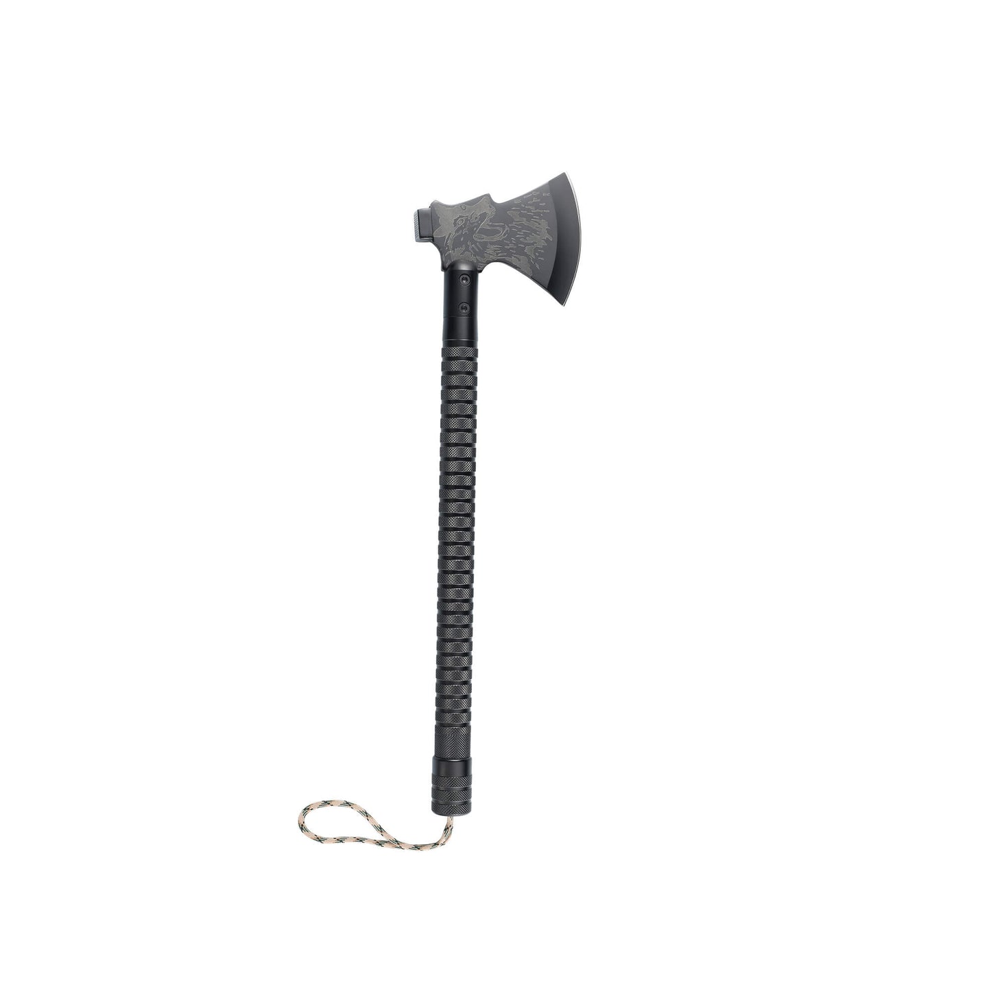 Black tactical camping WLF ax from Mavik Gear with anti-slip handle, Axe, Knife, Wood Saw, Bottle Opener, compass and more.