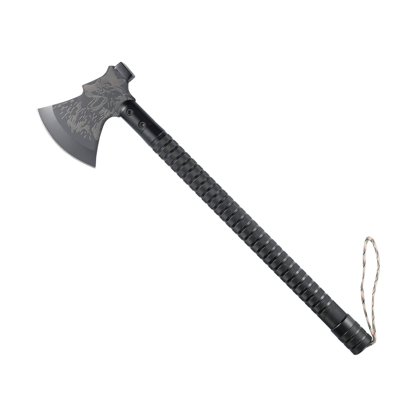 Black tactical camping WLF ax from Mavik Gear with anti-slip handle, Axe, Knife, Wood Saw, Bottle Opener, compass and more.