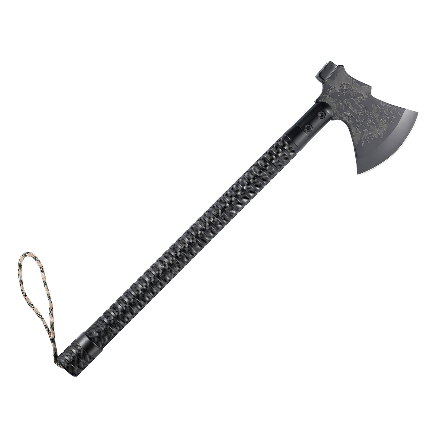 Black tactical camping WLF ax from Mavik Gear with anti-slip handle, Axe, Knife, Wood Saw, Bottle Opener, compass and more.