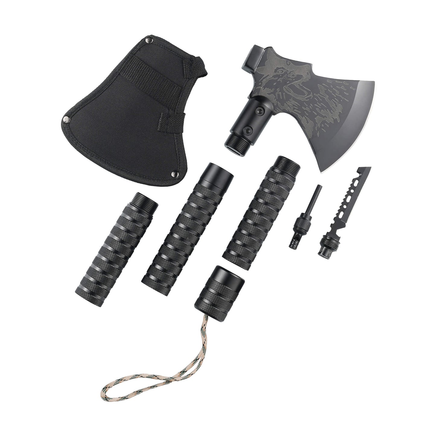 Black tactical camping WLF ax from Mavik Gear with anti-slip handle, Axe, Knife, Wood Saw, Bottle Opener, compass and more.