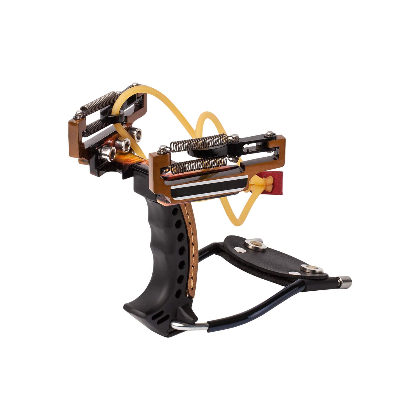 Ballista 03 Premium Tactical Slingshot has tension springs for powerful shots, adjustable for left & right-handed users.