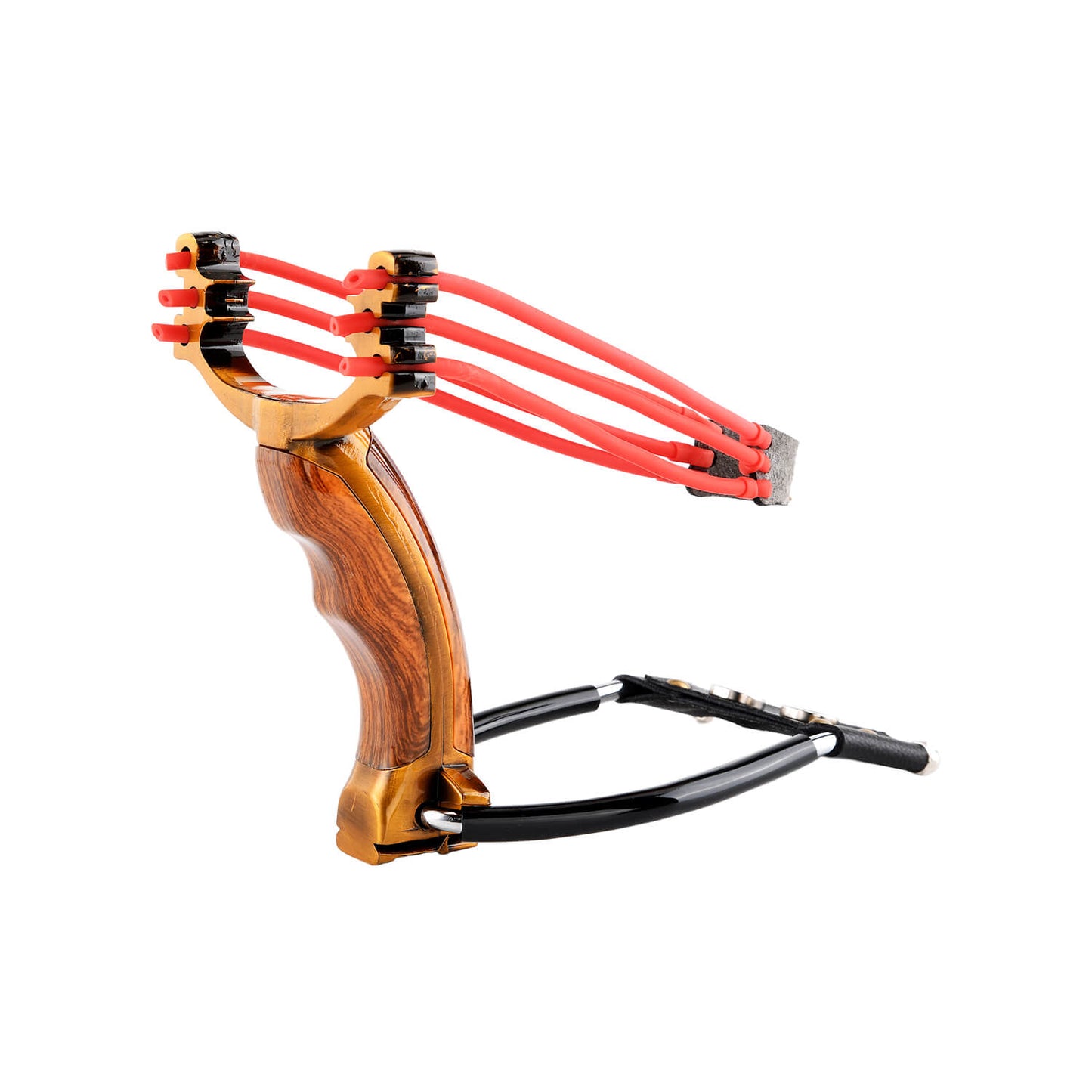 Ballista 18 tactical slingshot with elegant golden wood handle and comfort curve, made of Aluminum Alloy and golden wood.