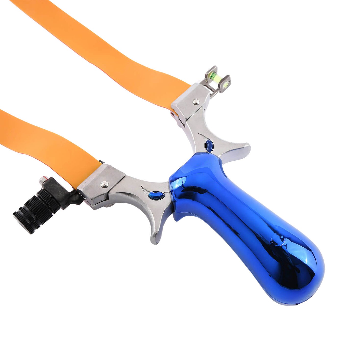 Ballista 24 blue tactical slingshot featuring a leveling instrument for precise aiming, and 3 LR41 batteries.