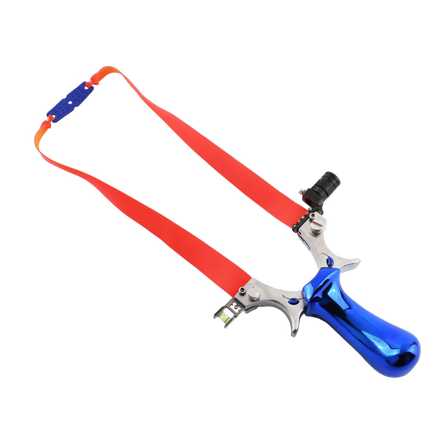 Ballista 24 blue tactical slingshot featuring a leveling instrument for precise aiming, and 3 LR41 batteries.