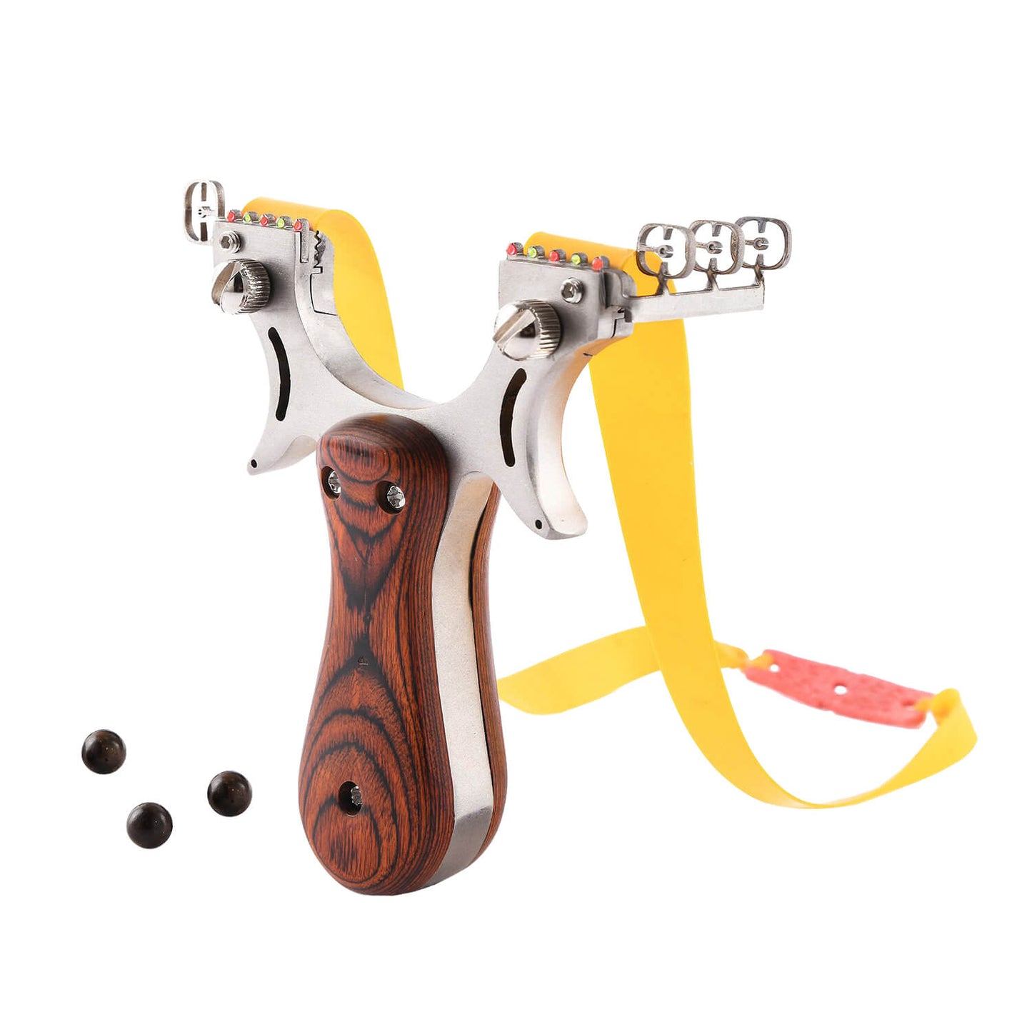 Ballista 25 tactical slingshot with non-slip grip, curved handle for comfort, made of Iron, wood, and rubber.